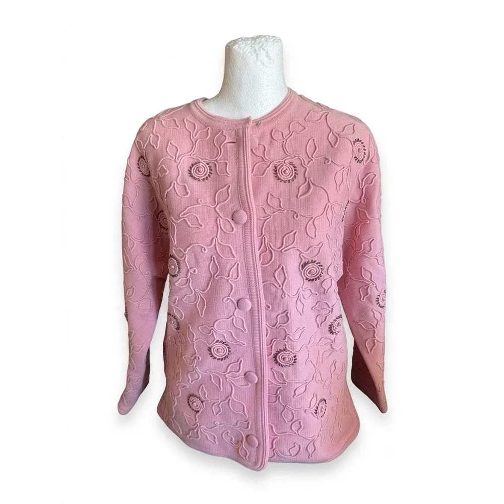 VTG 70s Bullocks Pink Austrian Wool Sweater‎ Beaded Floral Coquette M Size 12